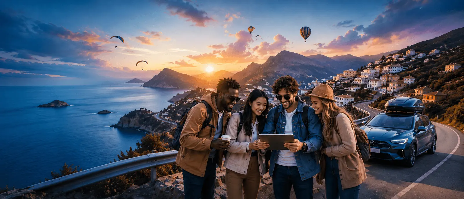 Friends planning a road trip together beside a mountain coast at sunset